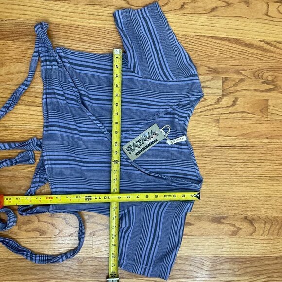 Fair Trade Boho Striped Cotton Cropped Wrap Top with Tie Waist Purple Striped - Picture 12 of 14